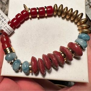 Anthropologie stretch gold, maroon, and blue bracelet.